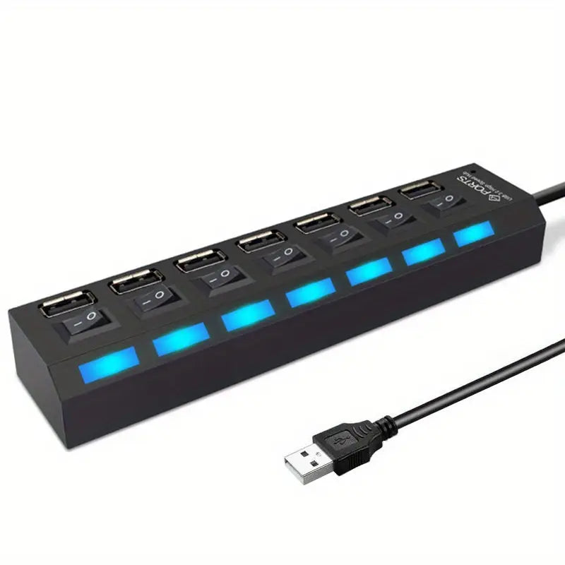 7 Ports LED USB 2.0 Adapter Hub - Power On/Off Switch for PC Laptop