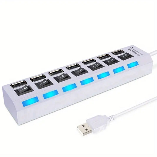 7 Ports LED USB 2.0 Adapter Hub - Power On/Off Switch for PC Laptop