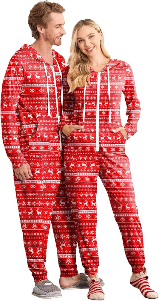 Ekouaer Christmas Onesie Adult Zipper Hooded Adult Onesie Pajamas with Pockets XS-XXL