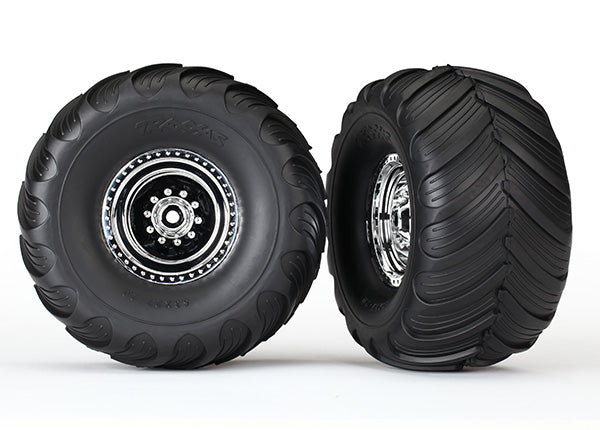 Traxxas Bigfoot #1 tires and wheels (chrome wheels, Terra groove dual profile tires, foam inserts) (electric rear)